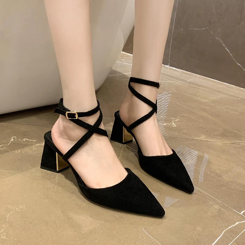 

2022 Summer Women's Sandals Buckle Strap Frosted Shallow Pointed Toe Open Toe High Heels Casual Sexy Party Women Buckle Strap