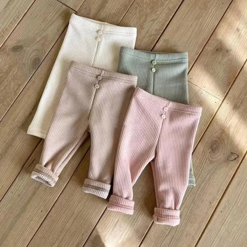 

Infant Candy Color Leggings Baby Girl Pit Striped Brushed Versatile Skinny Pants Simple Solid Cotton Slim Fitting Trousers