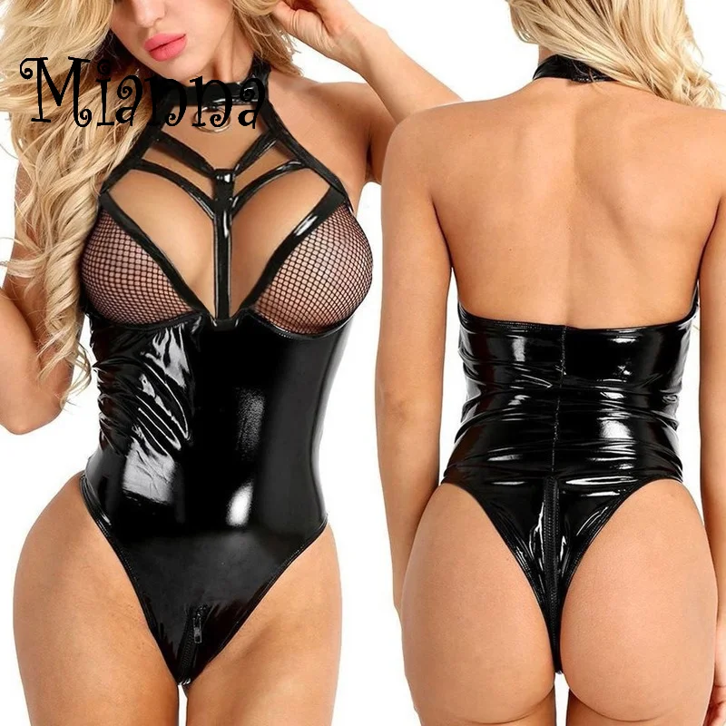 Сексуальное латексное боди для женщин большого размера черное пикантное нижнее