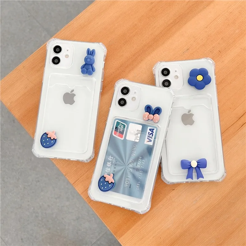 

Cute Clear Card Package 3d Flowers Strawberry Female Soft Case For Iphone 11 12 13 Pro Max 7 8 Plus Xr X Xs Se 2020 Cover Fundas