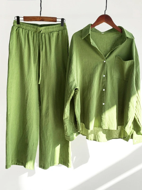 

Summer Two-piece Home Suit for Women 2023 Soft Cotton Wide Leg Pants Suit Button Up Shirt Women's Two-piece Tracksuit Set Blouse