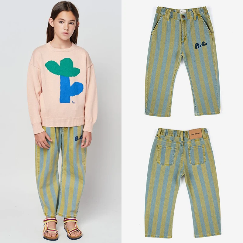 

2023 New Spring Summer Bobo Children Denim Trousers Girl Stripe Trousers Kid Clothing Boy Motion Fashionable Trousers
