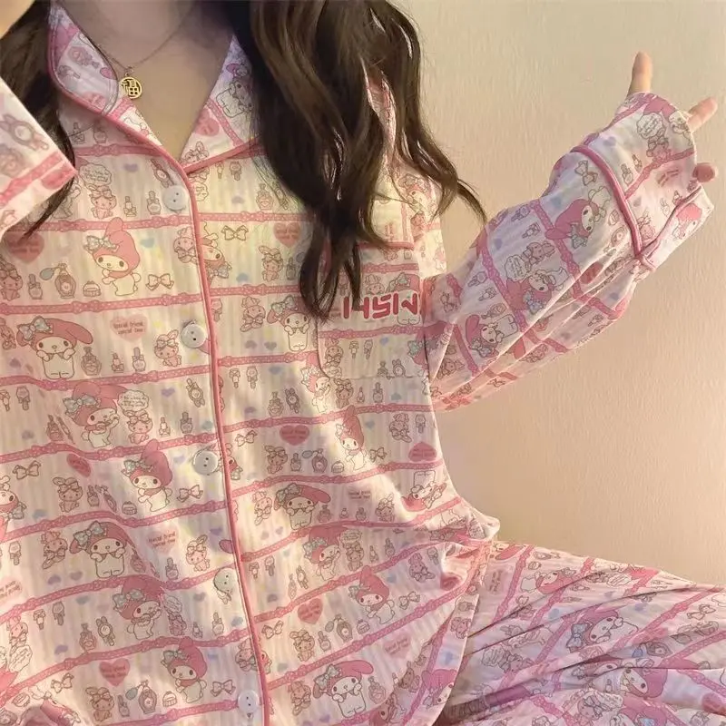 Kawaii Pijamas for Yong Girls Women Cute Pink Pajamas 2 Pieces Spring Nightwear Cartoon Sleepwear Home Suits Long Sleeve Pants