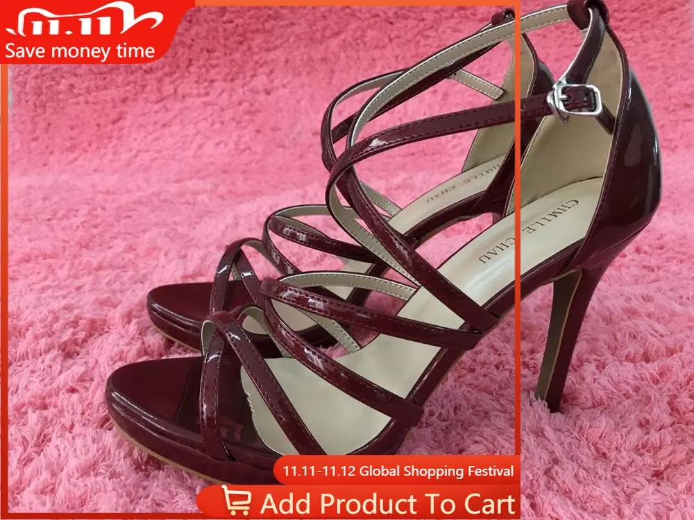 

Women Stiletto Thin High Heel Sandals Sexy Ankle Strap Open Toe Burgundy Patent Fashion Party Bridals Ball Lady Shoe 0640A-4