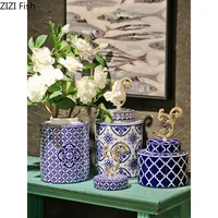 Classical Blue and White Porcelain Round Jar TV Cabinet Dining Table Floral Ornaments Coffee Beans Tea Candy Ceramic Storage Jar