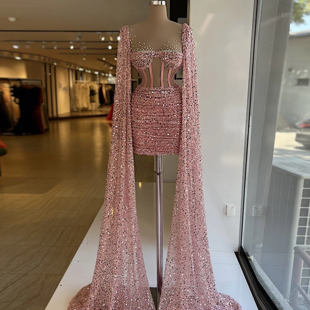 

Exquisite Evening Dresses O-Neck Zipper Full Sleeves Sexy Illusion Prom Dress Sequined Knee Length Straight Robes De Soirée