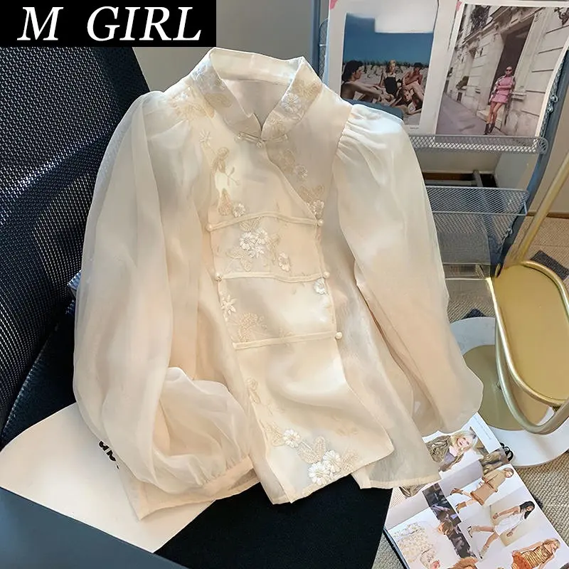 

M GIRLS Shirts Women Loose Chinese Style Leisure Embroidery Chic Elegant Lady Gentle Sunscreen Tops Spring Vintage ed Hot