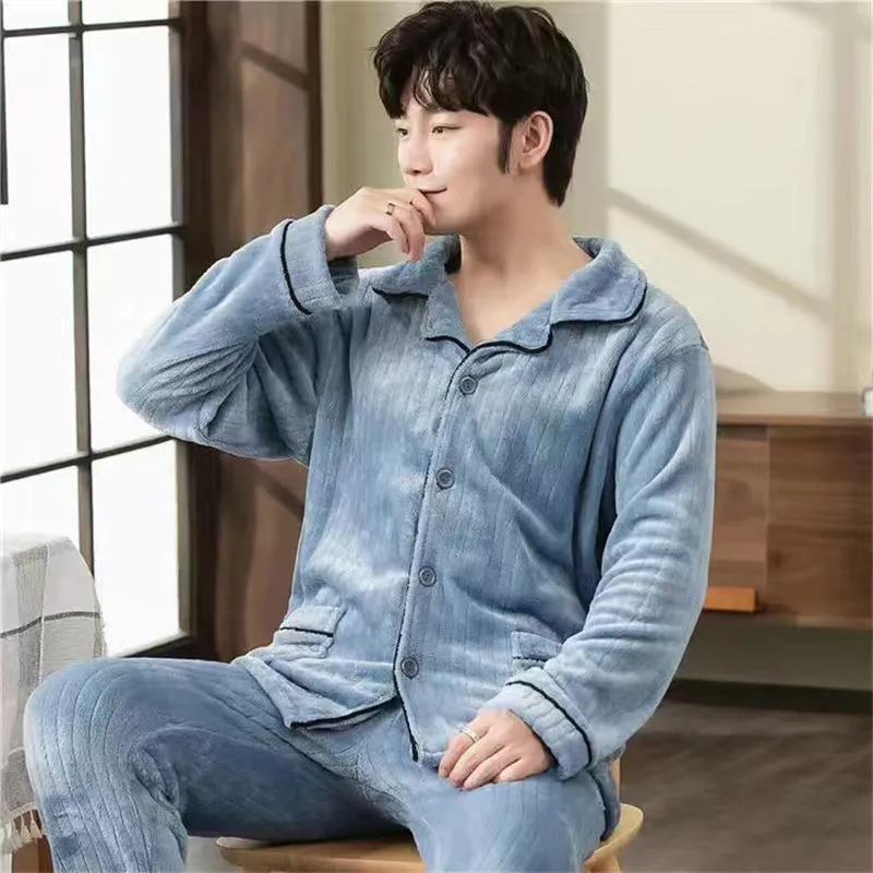 Flannel 2 Piece /Set Pajamas Sets For Men Winter Thick Warm Long Sleeve Home Clothes Sleepwear Suit Turn-Down Collar Pyjamas