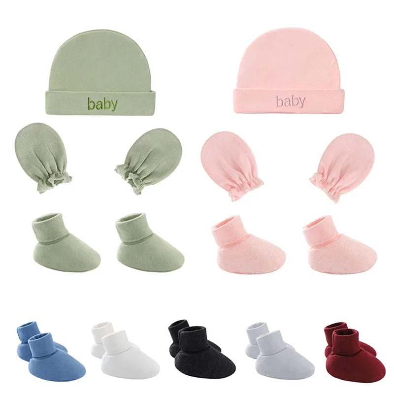 

Double Layer Newborn Hat Glove Socks Set Candy Solid Soft Baby Boy Girl Cap Cotton Unisex Toddler Photography Props Nightcap