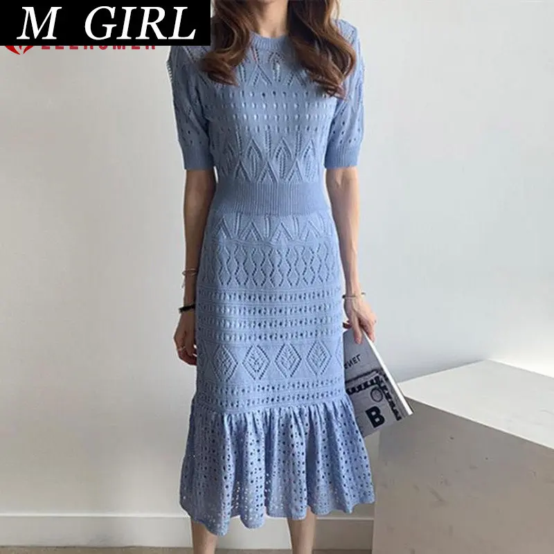 

High Quality Women Chic Hollow Out Knitted Dress Summer Elegant Short Sleeve Sweater Midi Bodycon Mermaid Dress Vestidos