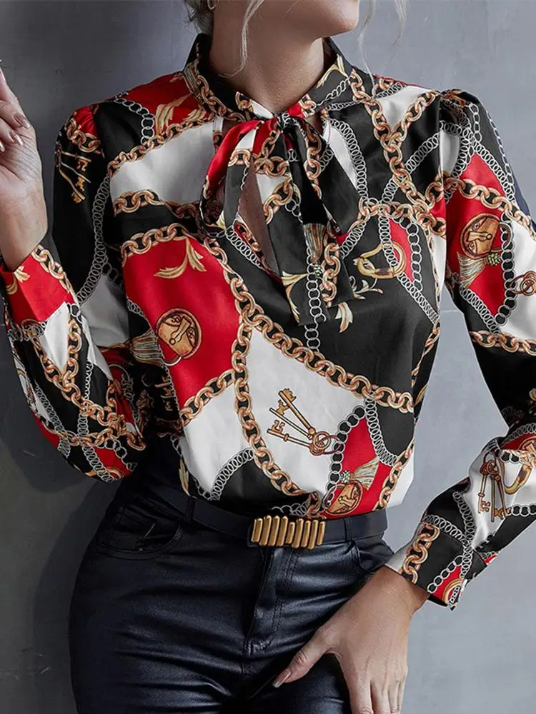 

2022 стильная рубашка с принтом VONDA в стиле оверсайз, женские модные блузы с круглым вырезом и пышными рукавами, плиссированная блузка с длинн...