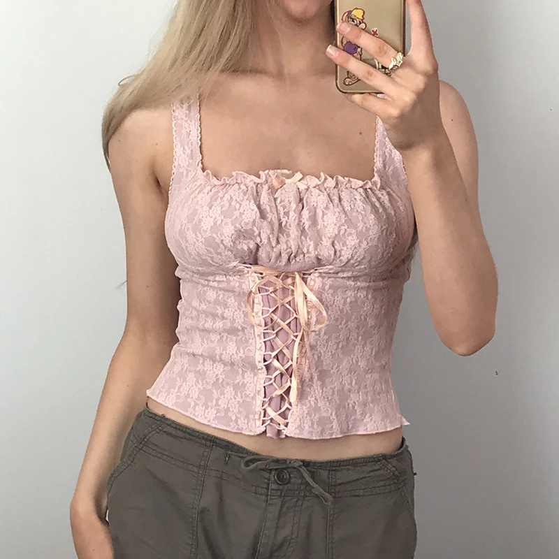 

2022 Summer Fashion Slim Sexy Patchwork Lace Bandage Lace-up SML Women Short Skinny Tank Top Y2k Tops Crop Top Korean Cute