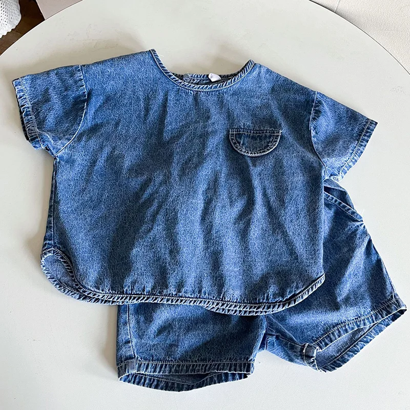 

Летний костюм для маленьких мальчиков и девочек, хлопковая джинсовая футболка с коротким рукавом + шорты, комплект детской одежды, Детский костюм