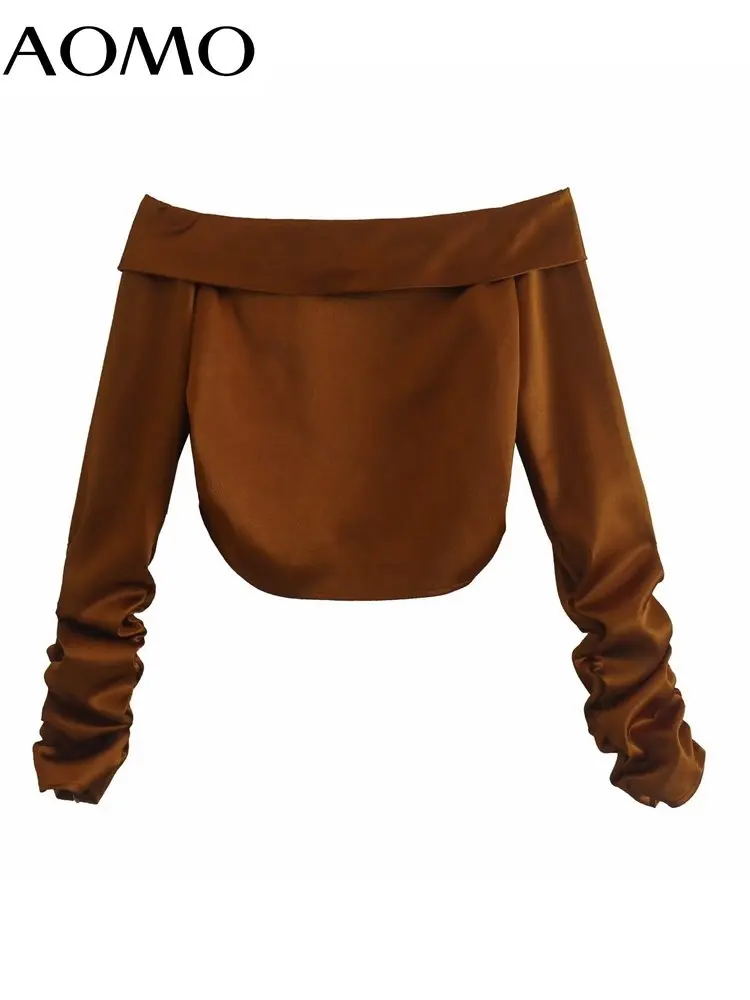 

AOMO 2022 Fashion Satin Off Shoulder Blouse Slash Neck Long Sleeve Female Shirt Tops XN141A