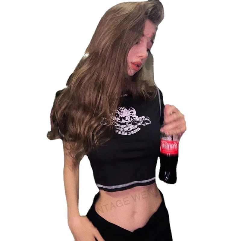 

Retro Black European and American Short T-shirt Women's Summer Midriff-Baring Short Sleeve Top