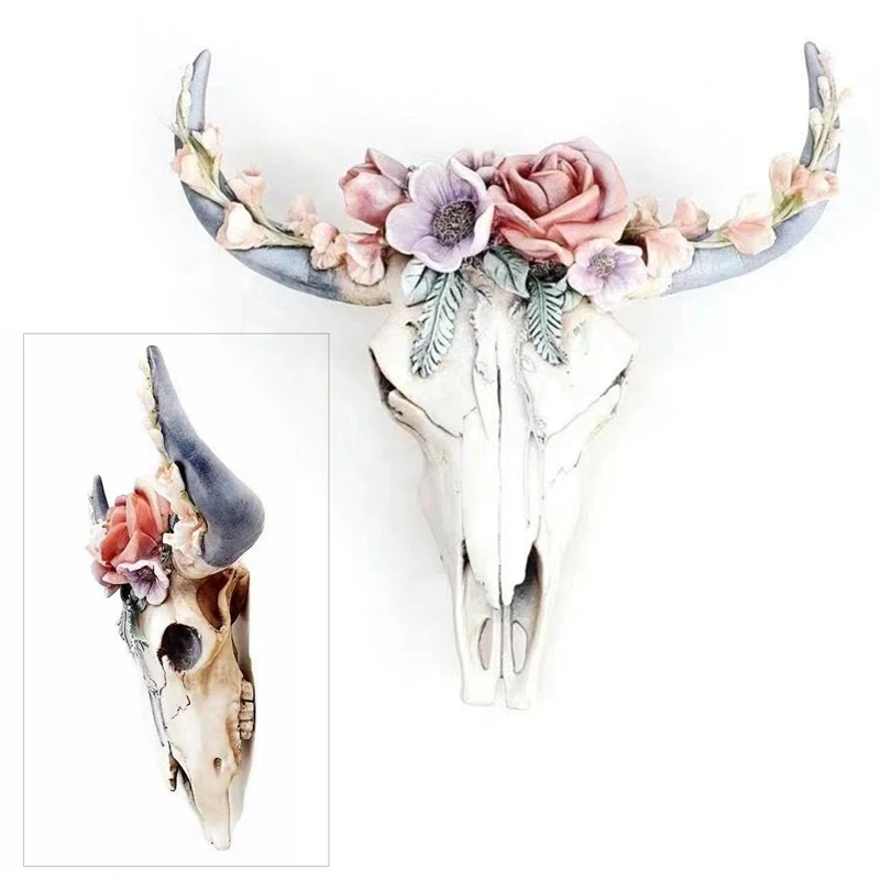 3D Animal Wildlife Resin Longhorn Cow Skull Head Wall Hanging Decor Sculpture Figurines Crafts Horns For Home Halloween Decor