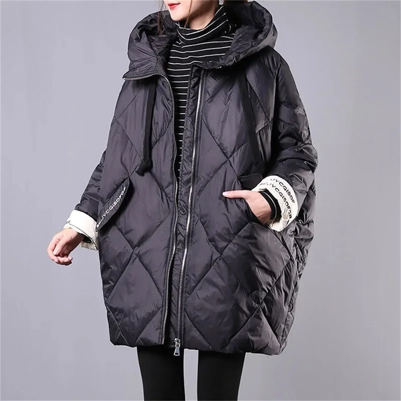 2022 Winter Coat Korean Loose Women's Md-Long Thick Parka Letters Print Warm Down Cotton Coat Cocoon Type Hooded Fleece Jackets