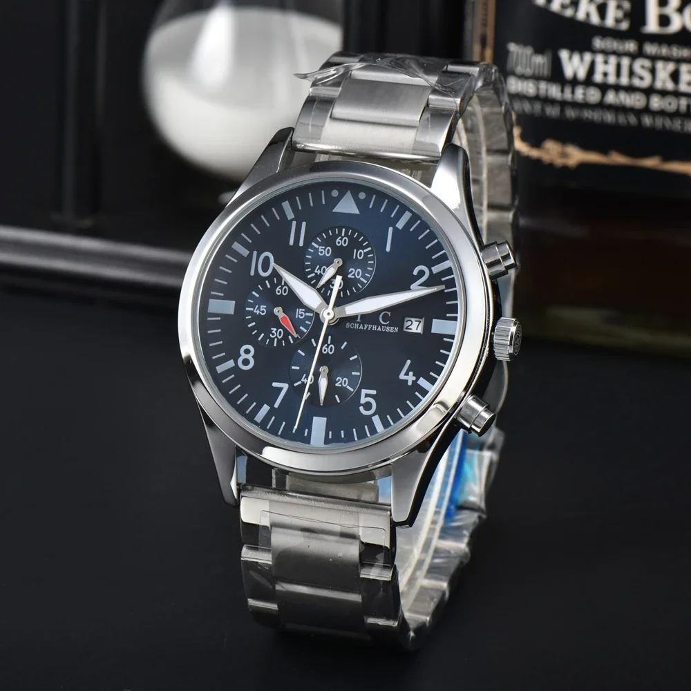 

2023 Top Original Luxury Brand AAA Pilot Chronograph Silver Case Mens Belt Multifunctional Quartz Chronograph Movement Watch