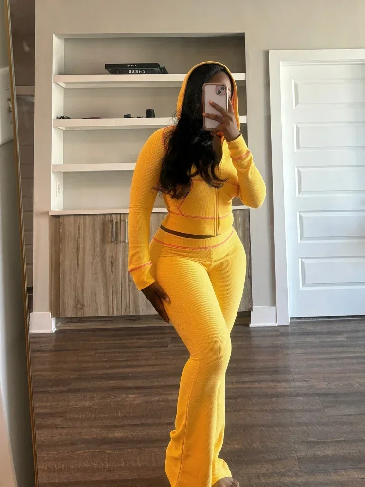 Женский костюм Ueteey с длинным рукавом капюшоном и расклешенными брюками уличный