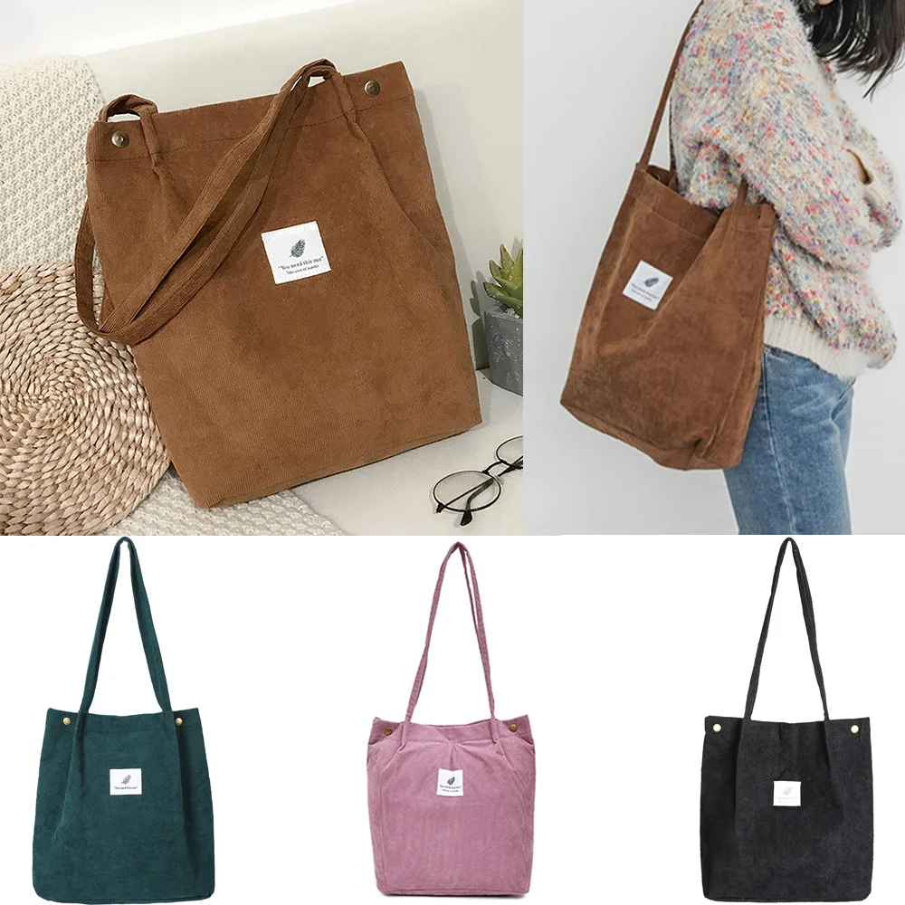 Women Corduroy Shoulder Bags Reusable Cotton Cloth Handbags School Shopping Large Grocery Eco Organizer Shopper Tote Bag 2022