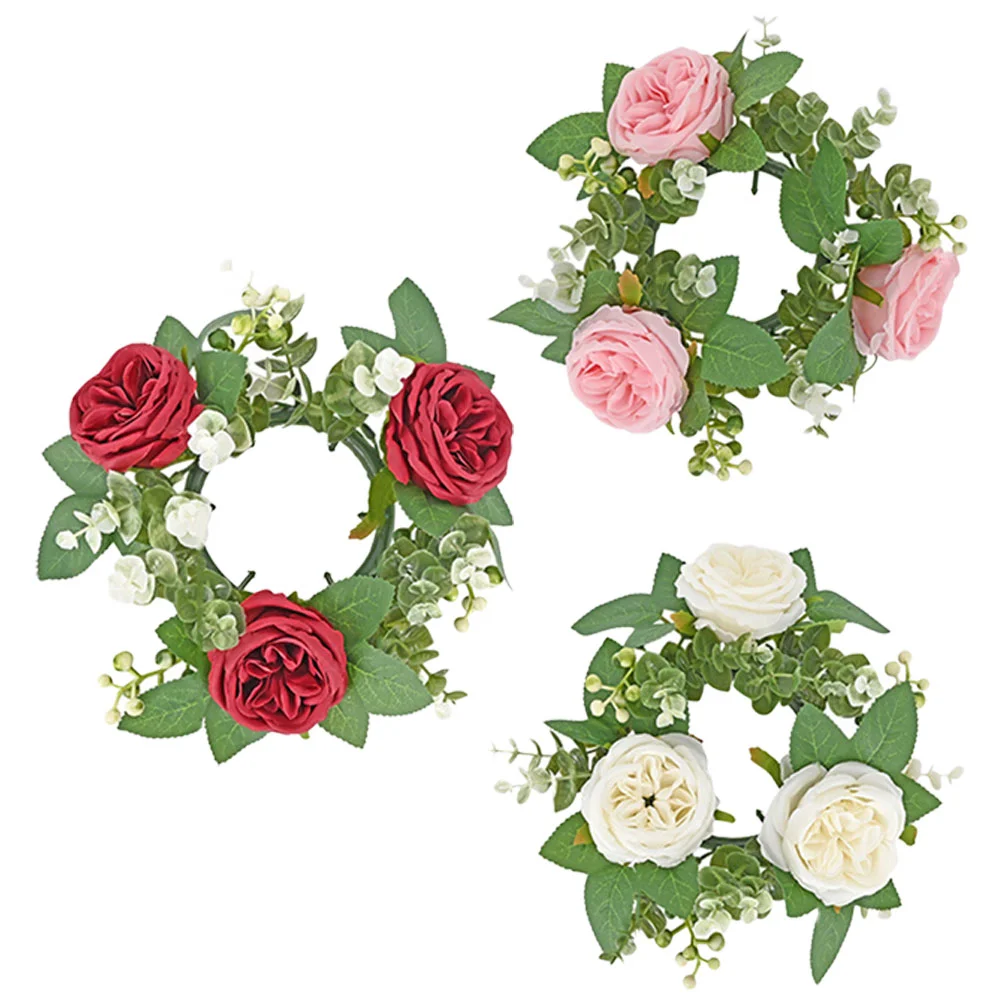 

3pcs Artificial Leaf Rose Ring Dinner Table Flower Candles Wreath Wedding Party Table Decoration