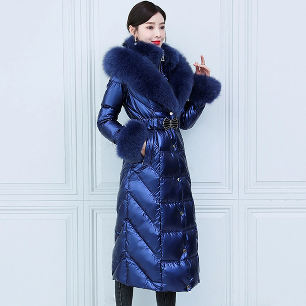 New Women Winter Real Fur Down Coat Elegant Fashion Double Fox Fur Collar Thicken Warm Long Wash Free Glossy Surface Down Jacket