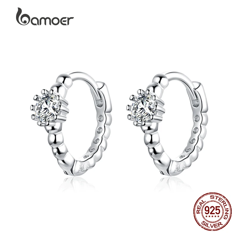 

Bamoer Genuine 925 Sterling Silver Fashion Cubic Zircon Small Hoop Earrings Mini Round Earrings for Women Man Fine Party Jewelry