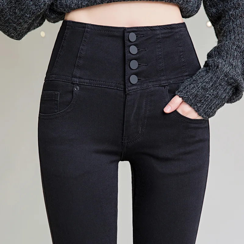 

Женские узкие джинсы, черные повседневные Стрейчевые брюки с несколькими пуговицами и высокой талией, модные женские джинсовые брюки, женс...