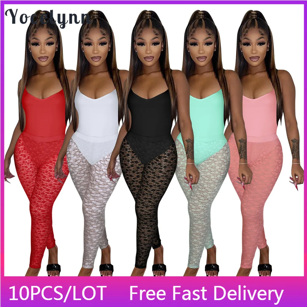 

10PCS Wholesale Items Summer 2 Piece Sets Solid Sleeveless Bodysuits and See Through Lace Leggings Women Party Club Outfits 2022