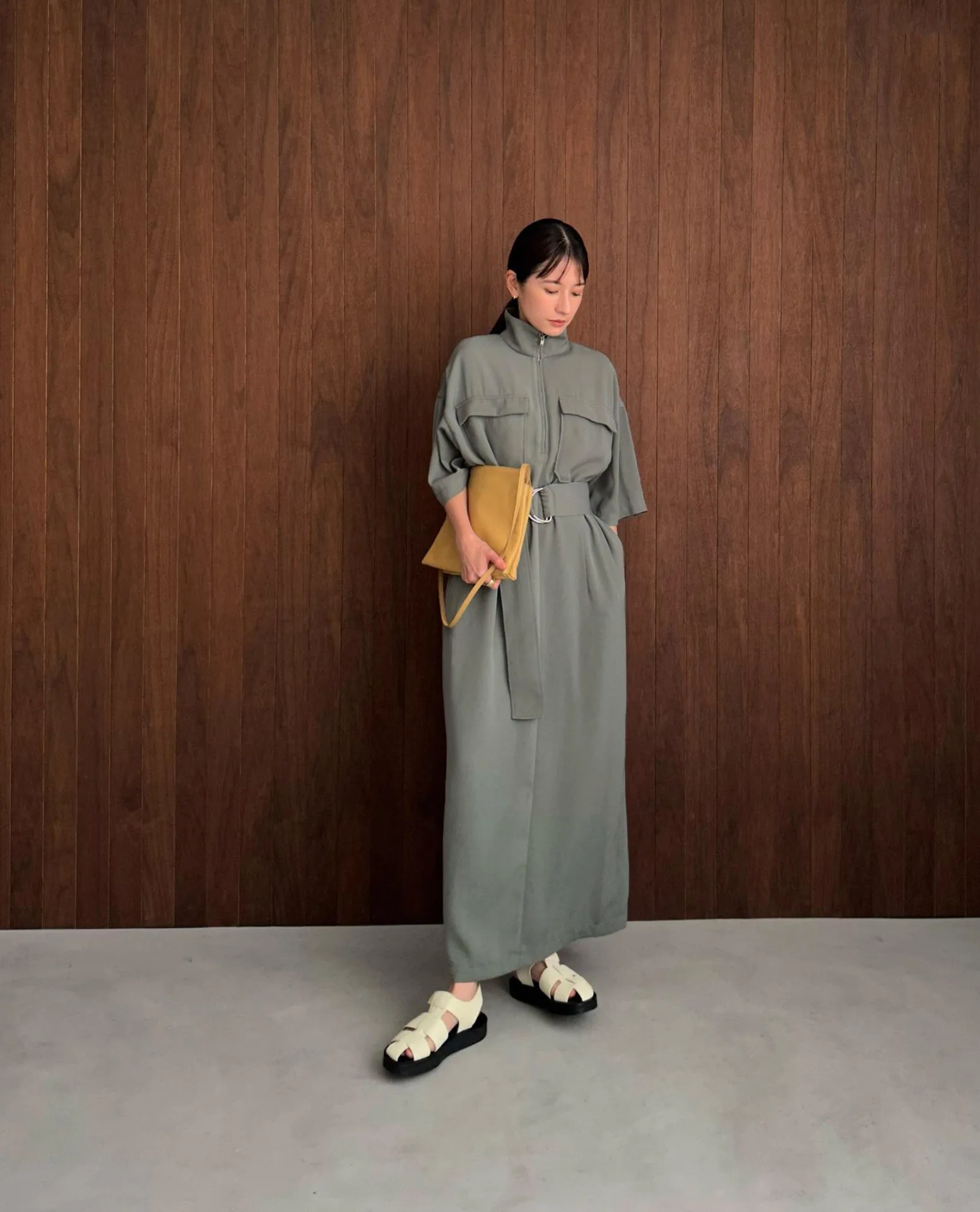 SuperAen New Japan Retro Design Loose Belt Casual Stand Collar Casual Long Dress for Women