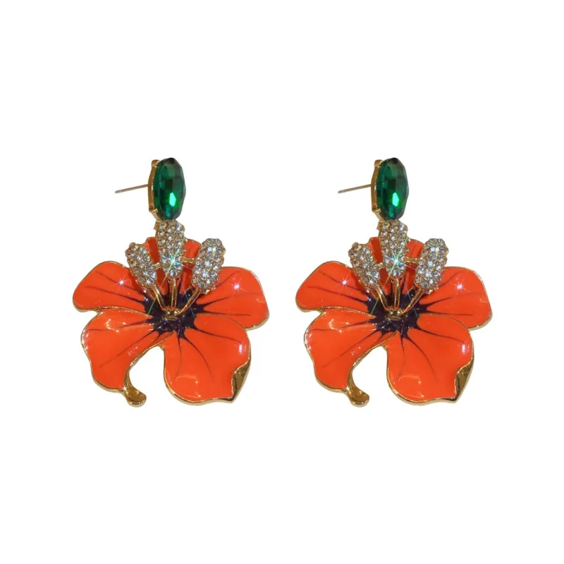 

2022 New Women Exaggerated Jewelry Orange Enamel Flower Dangle Earrings For Women Fashion Bijoux Crystal Pendientes Mujer