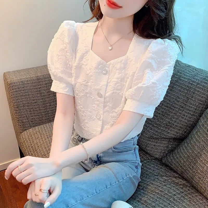 Модные однотонные шифоновые рубашки с квадратным воротником и пуговицами