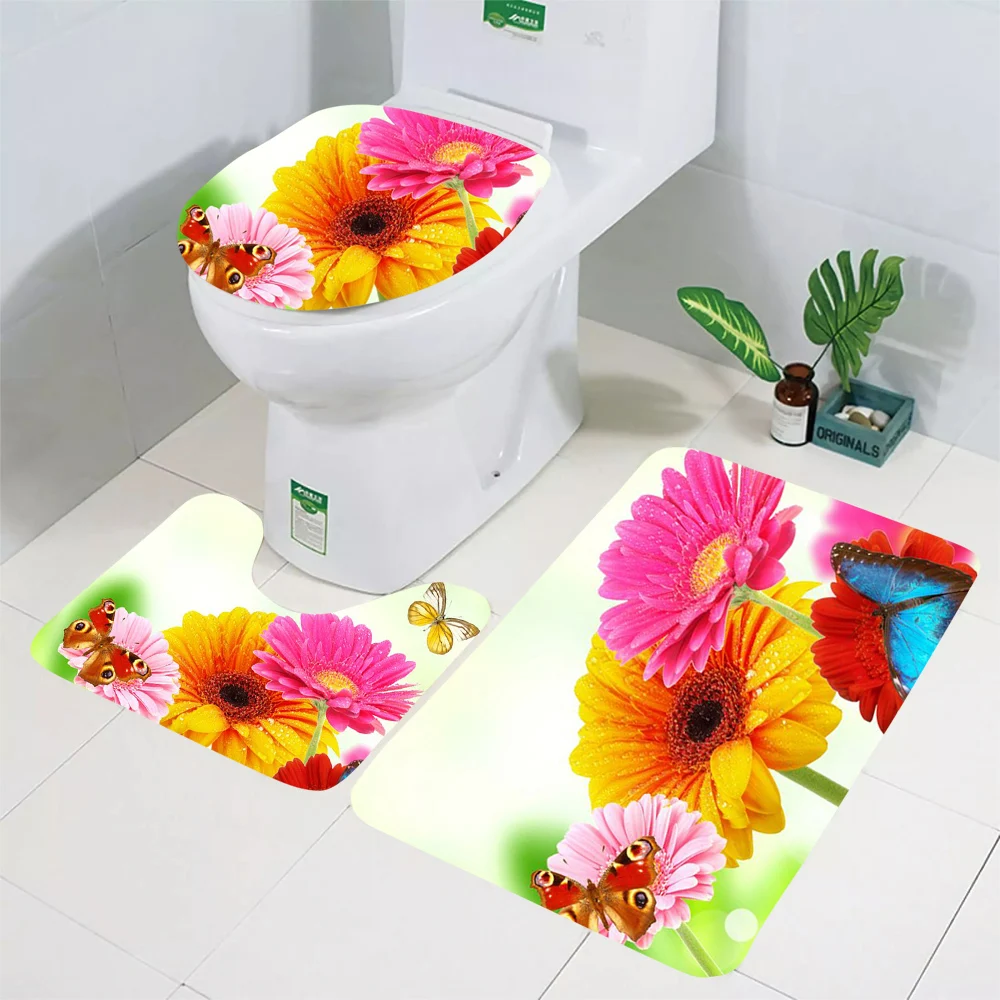 

CLOOCL Toilet Mat Set Fresh Flowers Daisy Butterfly Art 3D Printed Floor Rugs Bathroom Shower Carpet Toilet Cushion Home Decor