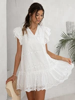 simplee casual v neck summer smock dress women pearl button ruffle office mini dresses white sleeveless wedding party vestidos