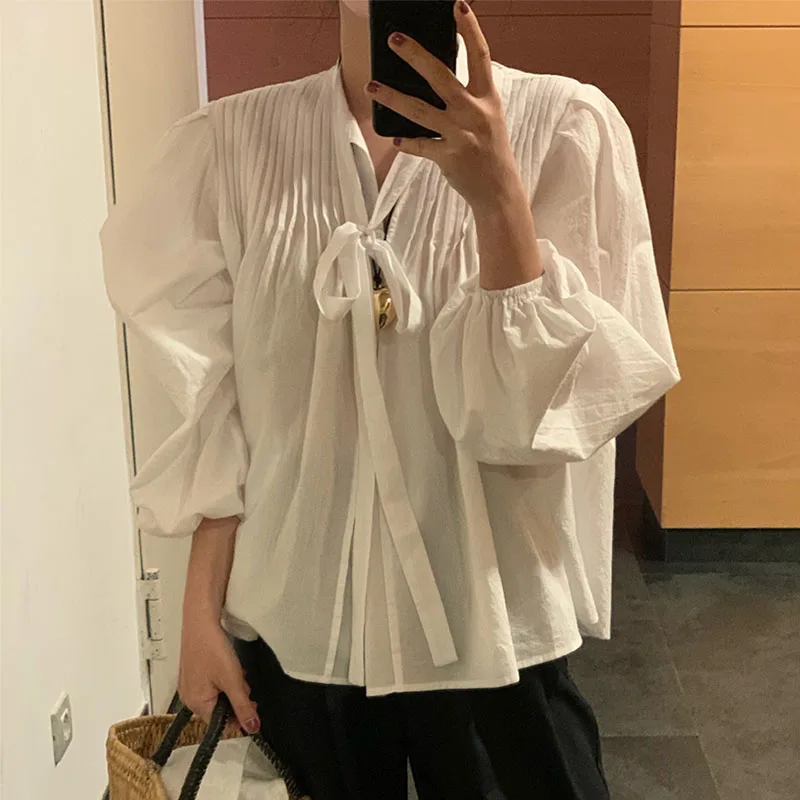 

Блузка женская плиссированная с длинным рукавом, V-образным вырезом и бантом