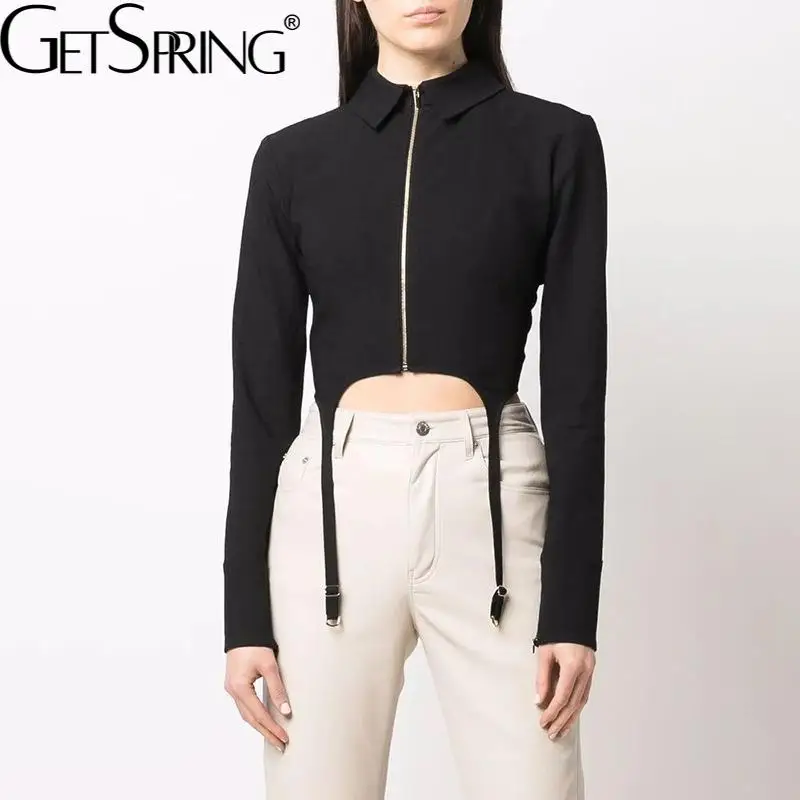 

GetSpring Women Blouse Full Sleeve Zipper Backless Irregular Solid Short Black Shirt Slim Thin Fashion Ladies Tops Spring Summer