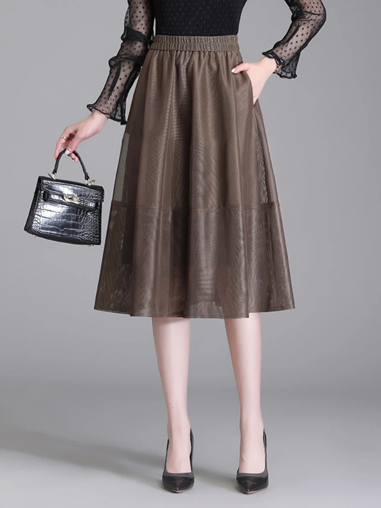 

Elastic High Waist Mesh A-line Women Skirt 2022 Summer Office Lady Vintage Elegant Loose Casual Black Brown Mid-long Skirts Y613