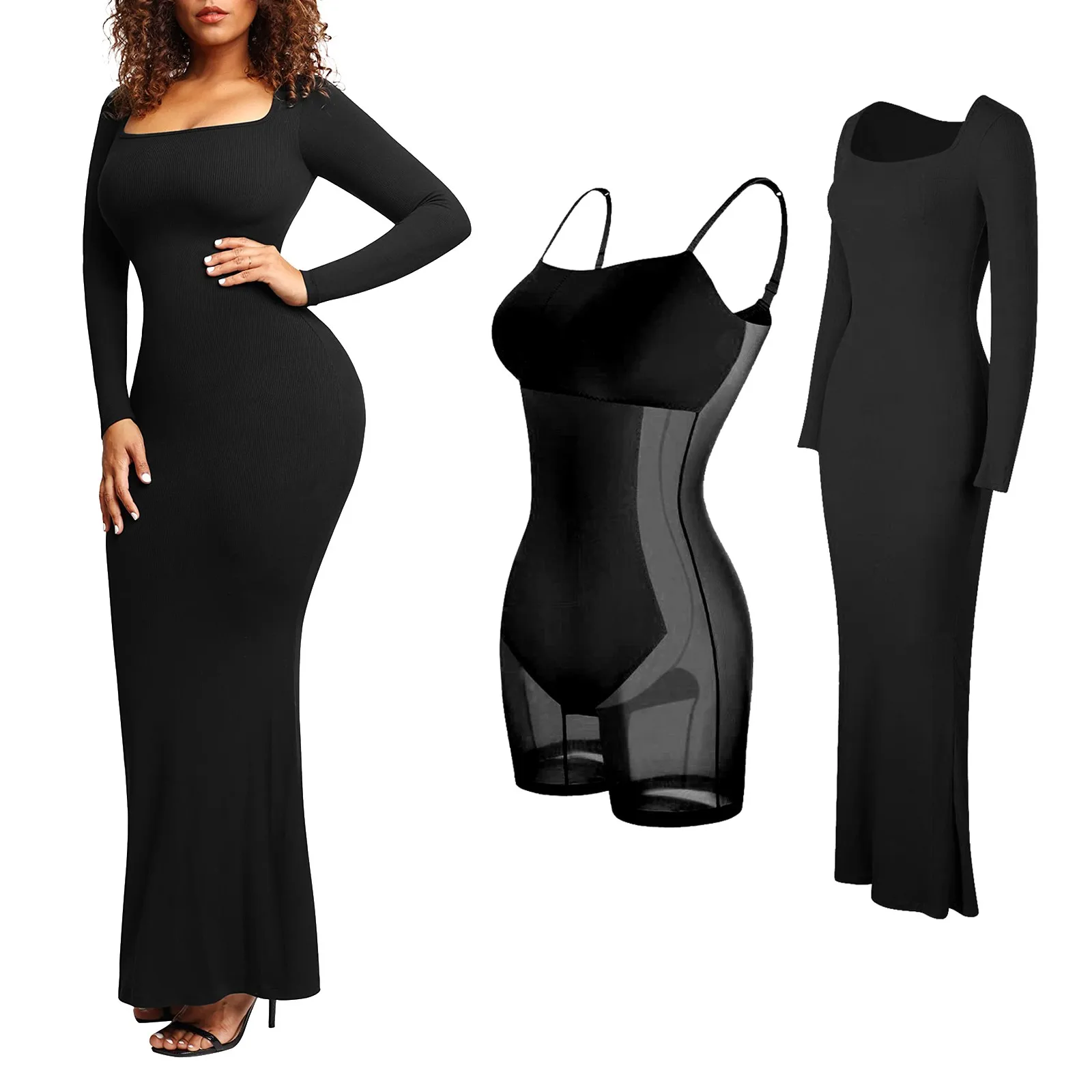 

Women's Solid Color Bodybuilding Long Dress Built In Bodybuilding Underwear 8 In 1 Women Casual Sleeveless Slip Bodycon Dress