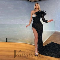 black feathers one shoulder evening dress high side slit mermaid sequined beads formal prom robes de soir%c3%a9e custom made