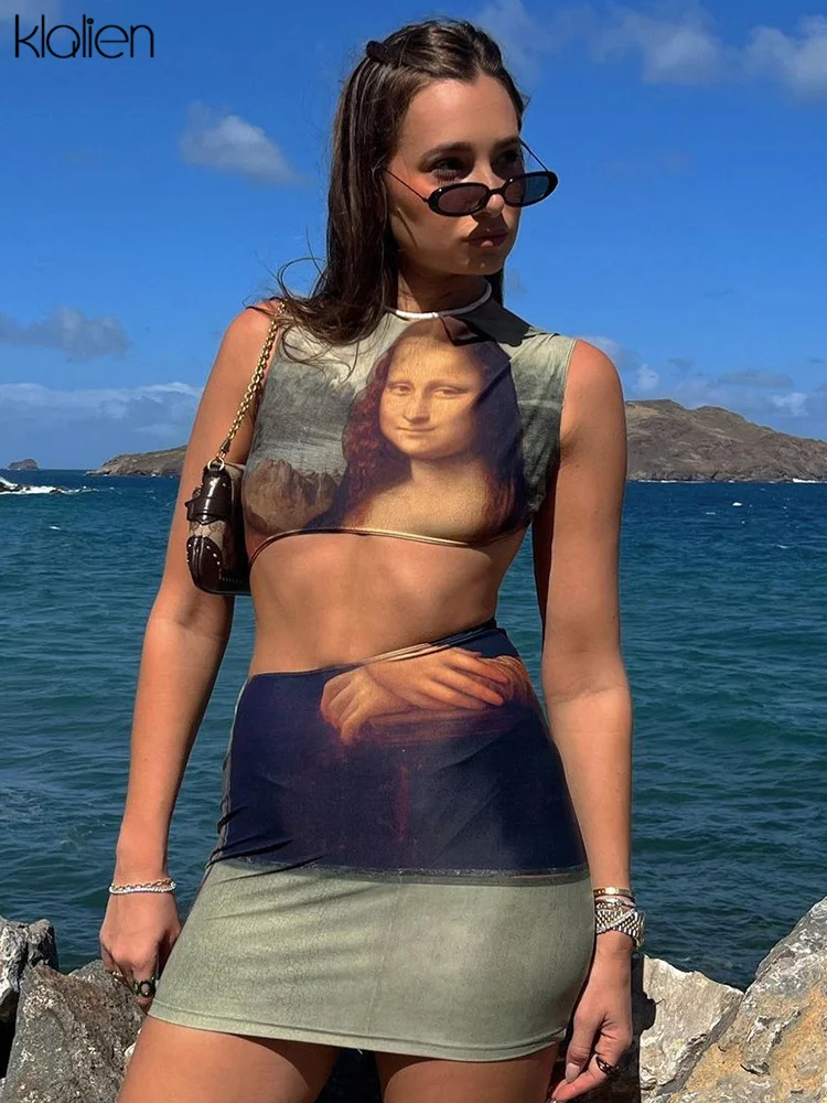 KLALIEN модные открытые Мини платья без рукавов с принтом для женщин 2022 Летние Новые