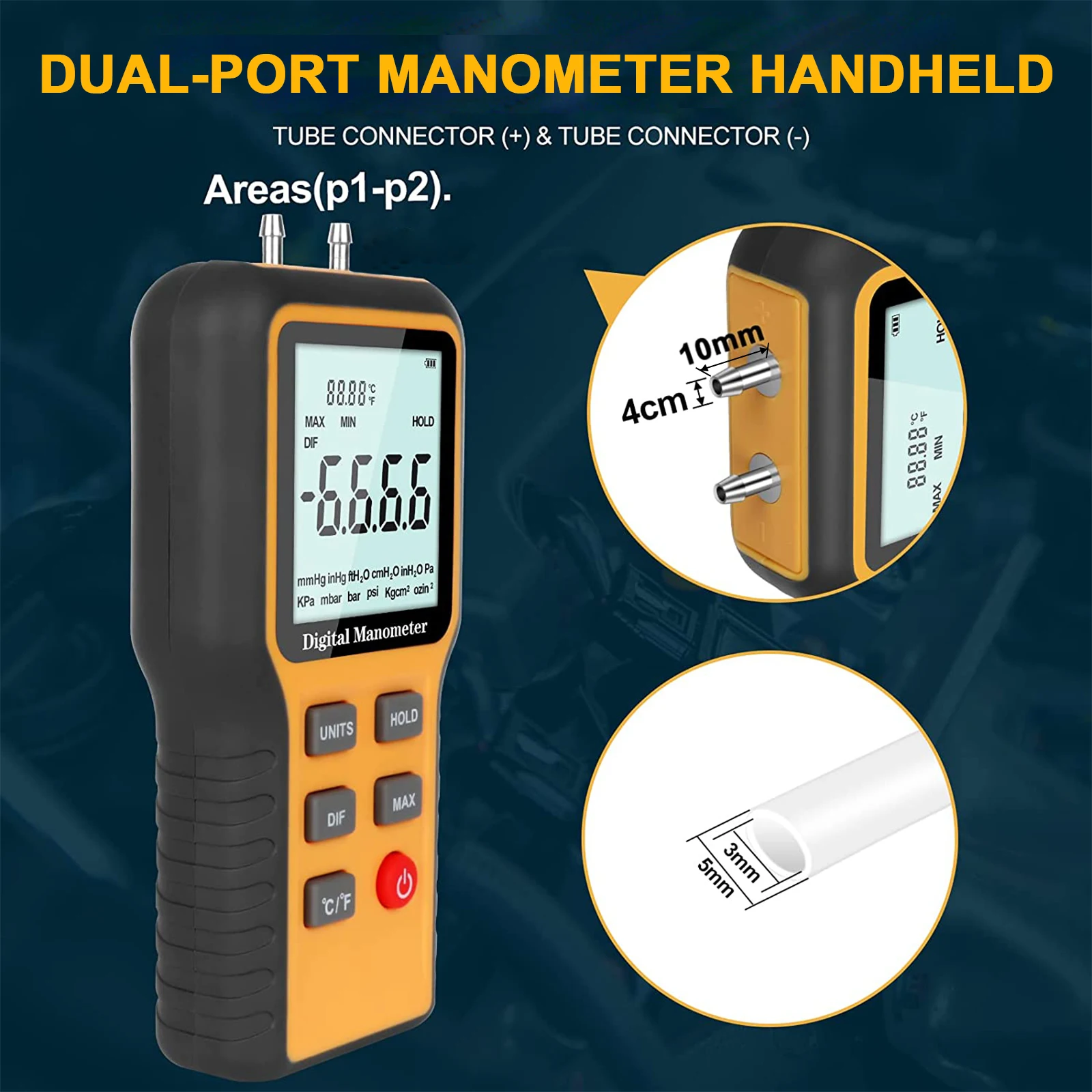 Фото Цифровой манометр QK-1201 ±2.999 psi, 15 единиц измерения, дифференциальный измеритель давления, регистратор данных, тестер газа для систем ОВКВ №4