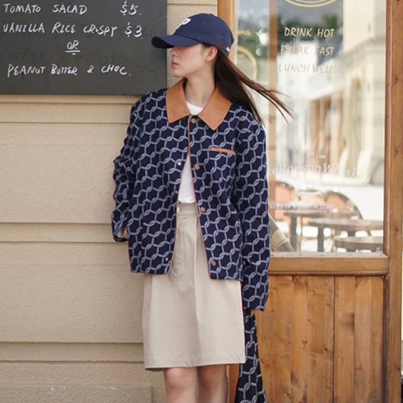 

High-End Autumn/Winter Women's Fashion Clothing Brown Leather Panel Polo Collar Denim Coat Retro Casual 2023 New Jacket Top