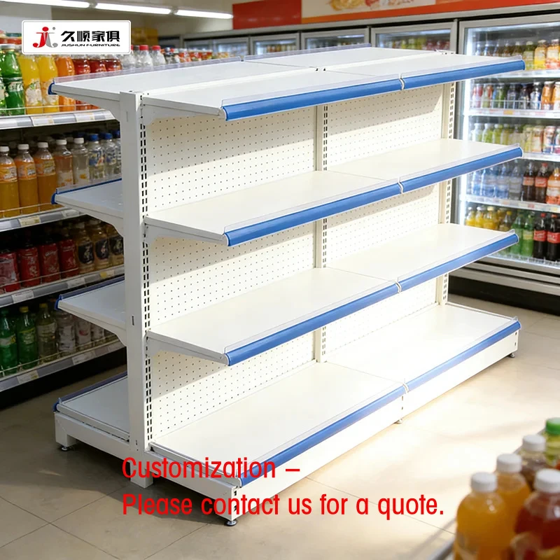 Фото Металлические двухсторонние стеллажи для супермаркетов Custom.JIUSHUN White Gondola Estantes Display Grocery Retail №1