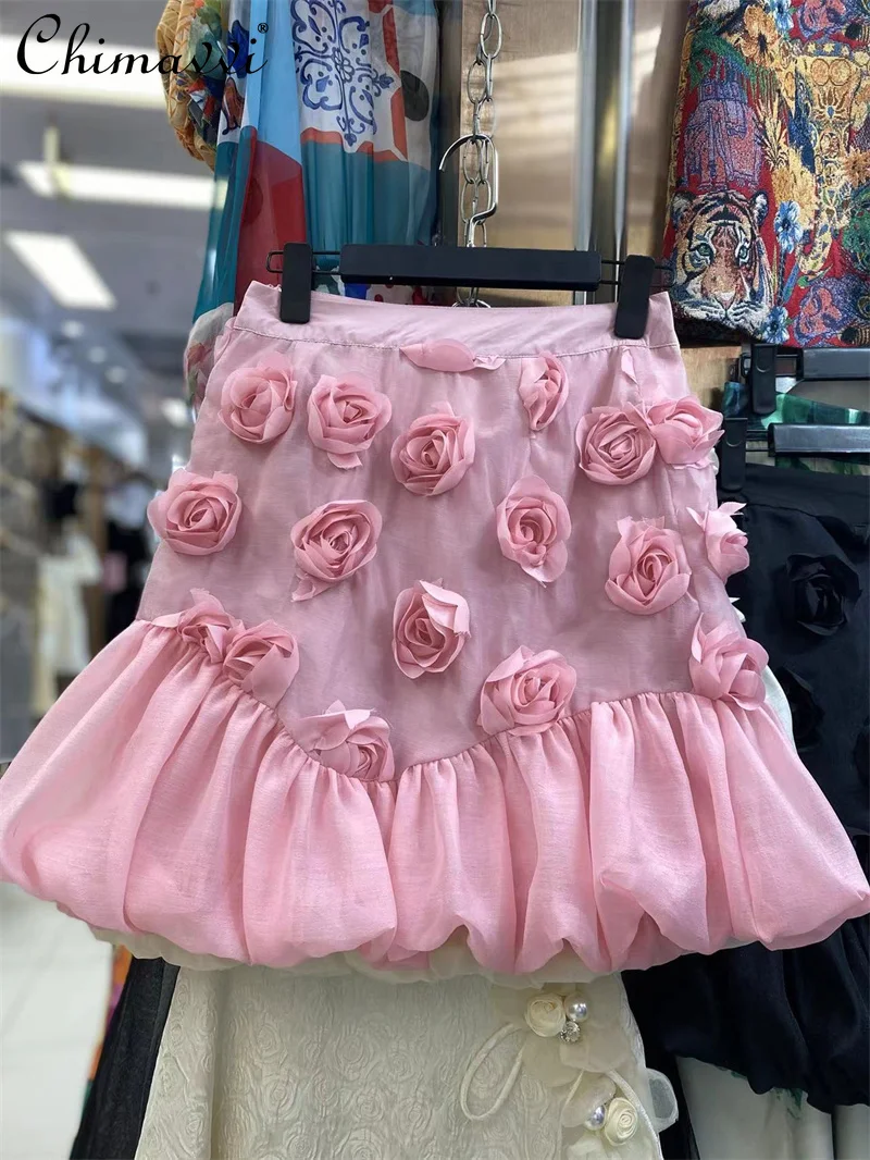 

Elegant Three-Dimensional Rose Flower Sheath High Waist A- Line Skirt 2022 Summer New Fashion Ruffles Fishtail Skirts Women