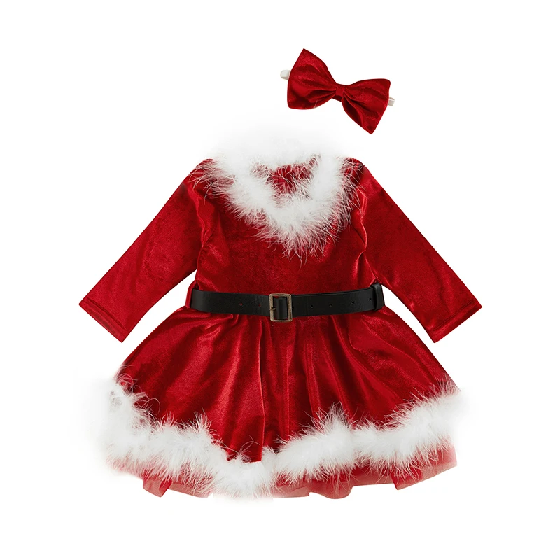 

Toddler Girls Christmas Outfit Sets Red Long Sleeve O Neck Plush Decor A-line Dress with Belt + Headband