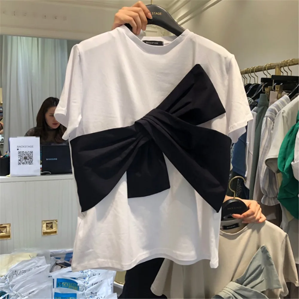 

Sweet Bow Contrast Color Versatile Short Sleeve T-Shirt Women Elegant Chic Fresh Ladies Leisure Tops Summer 2022 New Korea Japan