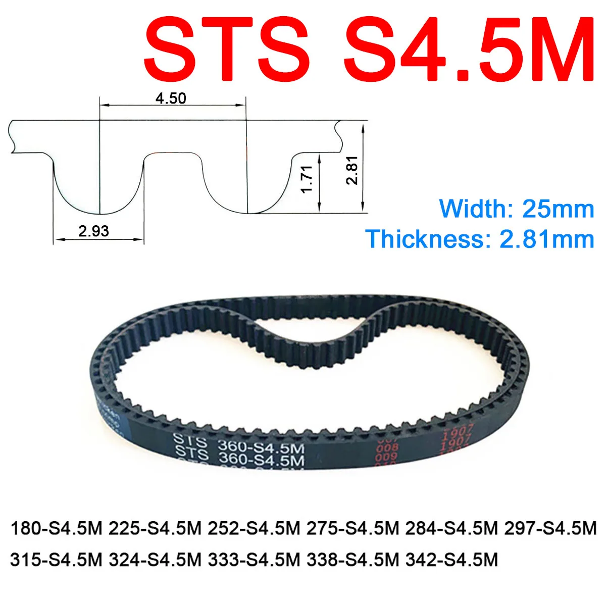 

1Pc Width 25mm S4.5M Rubber Arc Tooth Timing Belt Pitch Length 180 225 252 275 284 297 315 324 333 338 342mm Synchronous Belts