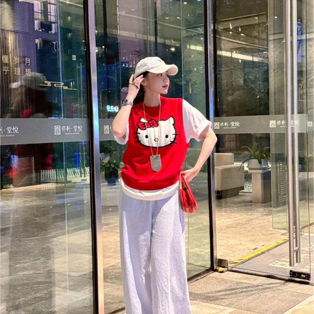 Новый жилет Hello Kitty Miniso с милым бантом красный вязаный внутренний осень-зима новый