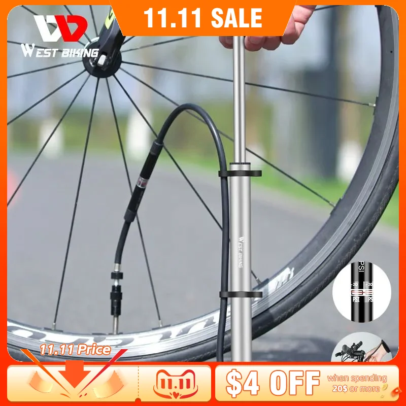 

WEST BIKING 140psi High-pressure Bike Pump with Gauge for Fork Hand Cycling Tire Inflator Schrader Presta Valve Bicycle Pump