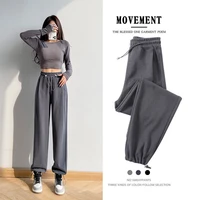 grey cotton tethered casual wide leg pants womens spring and summer high waist drawstring drape sports straight leg pants
